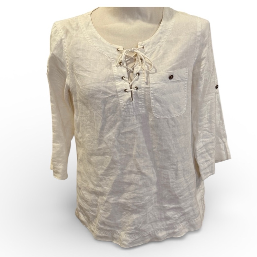 Lauren Ralph Lauren White Linen Lace-Up Blouse Size Small 3/4 Sleeve Boho Top